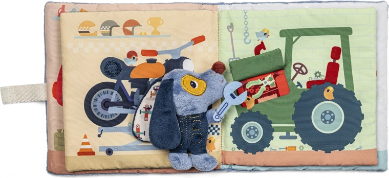 Lilliputiens - Textilná knižka Psík Jules v Garáži