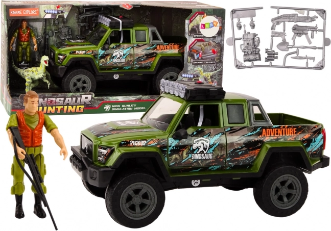 Zelené terénne auto s dino figúrkami a zvukovými efektmi