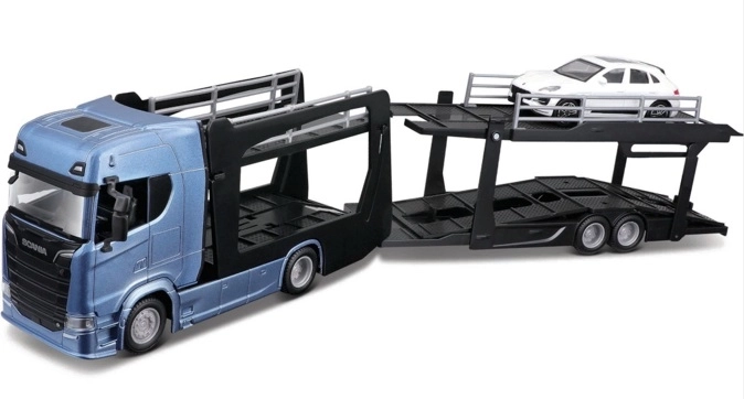 Bburago Street Fire nákladné vozidlo Scania 770S s návesom a Porsche Macan 1:43