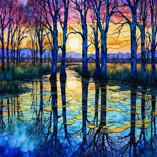 Diamantové maľovanie brezový háj pri jazere 30 × 40 cm