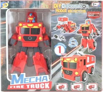 Skladací skrutkovací robot – červený transformer kamión s bagrom