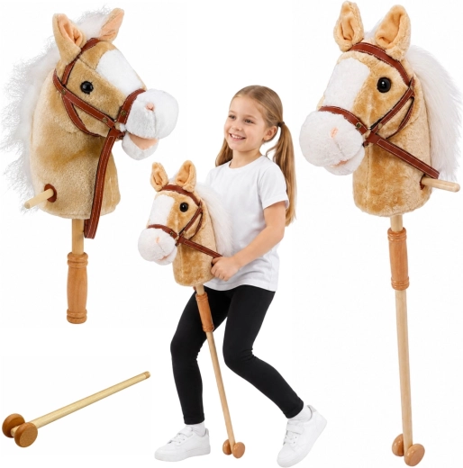 Hobby horse na tyči s kolieskami a zvukmi, béžový 100 cm