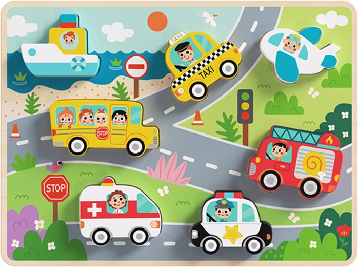 Tooky Toy drevená montessori vkladačka – dopravné prostriedky (7 dielikov)
