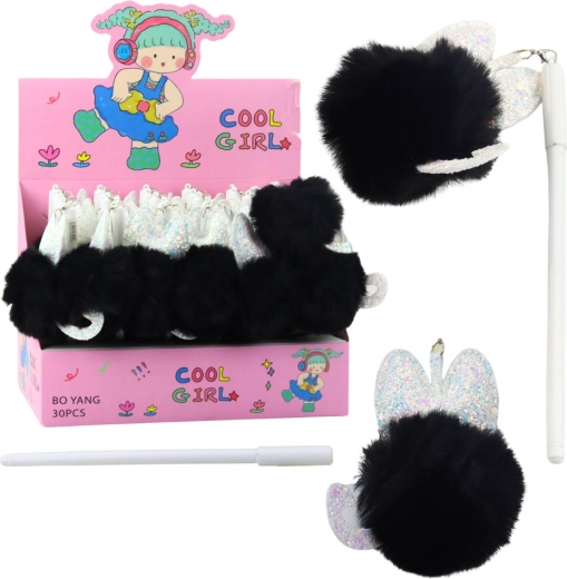 Gélové pero s čiernou bambuľkou modrý atrament 17cm 0,5mm