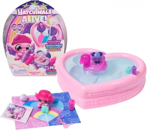 Hatchimals neónová dúhová bazénová párty zvieratiek – srdiečkový bazénik a 2 vajíčka