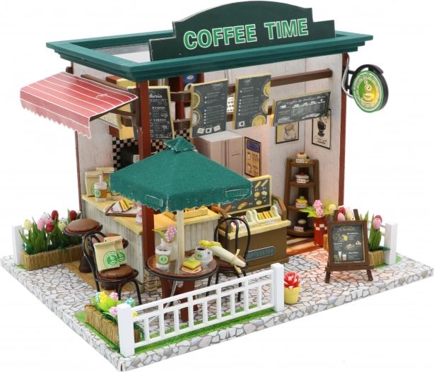 Miniatúrna kaviareň Coffee Time – kreatívna stavebnica s LED osvetlením