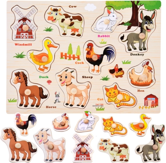 Drevené puzzle farma s úchytmi a anglickými slovíčkami – 10 dielikov