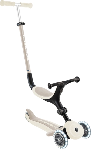 Globber Go Up Active Lights Ecologic 3v1 kolobežka s odnímateľným sedadlom, kokosová
