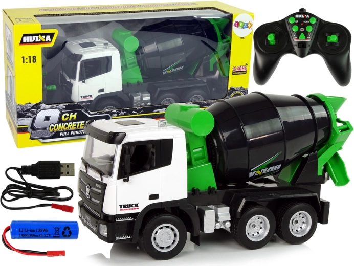 Huina diaľkovo ovládaný miešač betónu 1:18 čierno-biely so zelenými detailmi