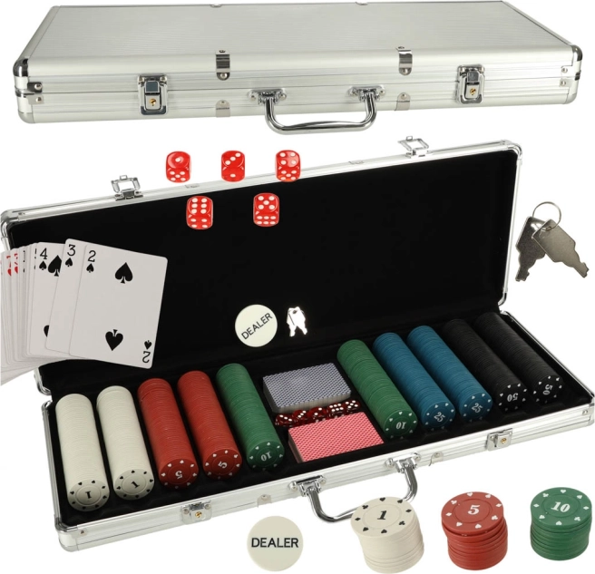 Pokerová sada v striebornom kufríku s 500 žetónmi a 2 balíčkami kariet