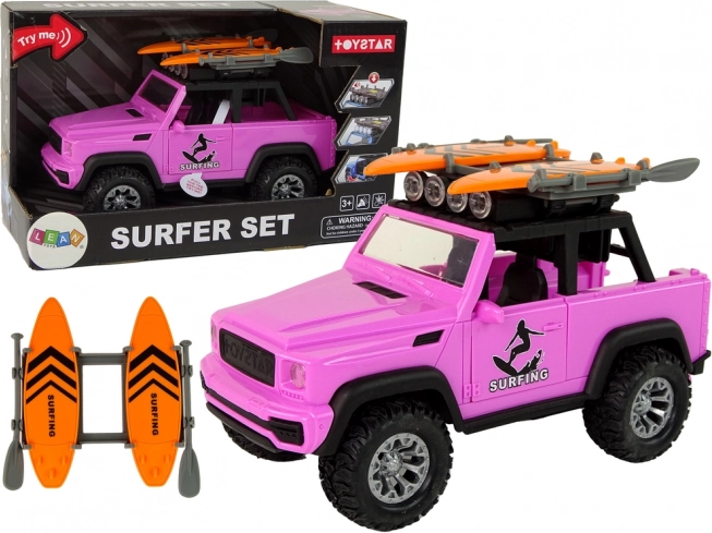 ružové terénne auto 1:14 so surf setom a zotrvačníkom