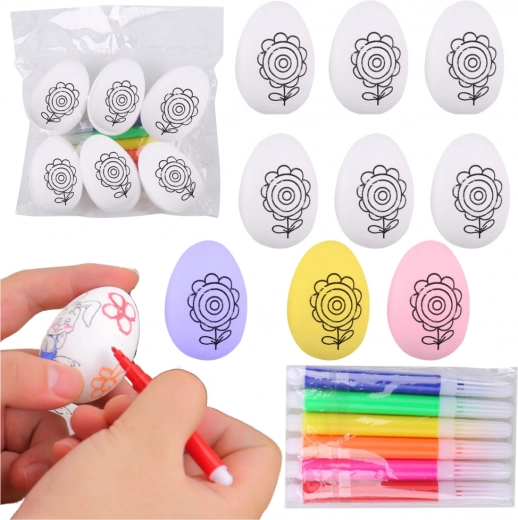 sada polystyrénových veľkonočných vajíčok na maľovanie s fixkami, kvetinový vzor, 6 ks