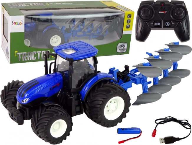 RC traktor 1:24 s kovovou karosériou a pluhom – modrý