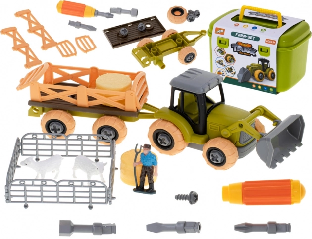 Farmársky traktor na rozloženie s náradím a zvieratkami