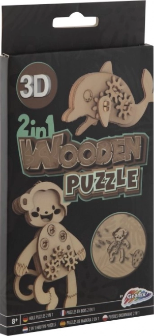Drevené 3D puzzle 2v1 opica a delfín