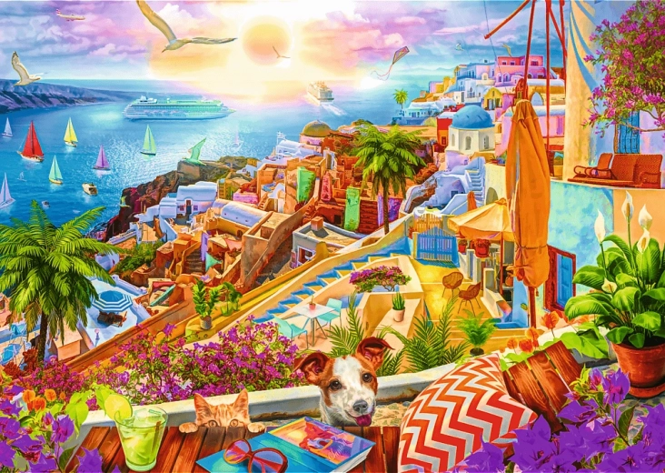 Puzzle TREFL Premium Plus Tea Time – návšteva Santorini, 1000 dielikov