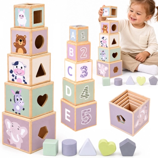 Drevená vzdelávacia pyramída s triedičom tvarov 2 v 1