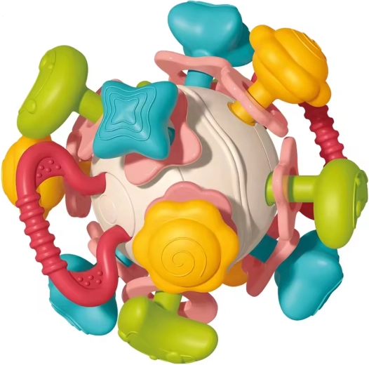 Mäkká hrkálková guľôčka 4v1 WOOPIE – zmyslová hračka a hryzátko pre bábätká