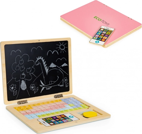 Drevený magnetický vzdelávací laptop s telefónom a písmenami ECO TOYS