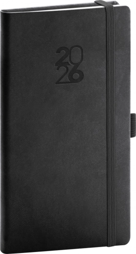 Štýlový čierny vreckový diár s gumičkou a pútkom na ceruzku Aprint 2026