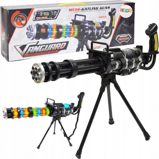 Detský rotačný guľomet Gatling na statíve so svetlom, zvukom a vibráciami – čierny