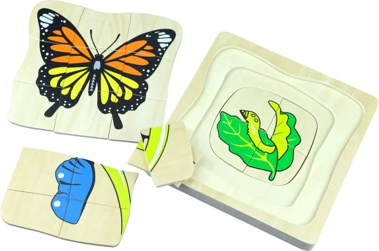 Životný cyklus motýľa – drevené viacvrstvové Montessori puzzle