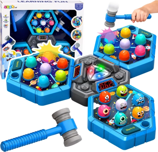 Elektronická postrehová hra Whack-a-mole pre 1–3 hráčov so svetelnými efektmi a kladivkami