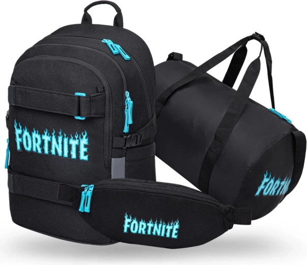 Súprava Baagl Fortnite blue – školský batoh Skate, športová taška Hoop a ľadvinka Snap