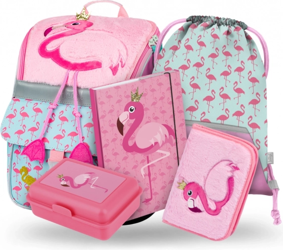Školská sada Zippy Plameniak: aktovka, peračník, sáčok, dosky, box