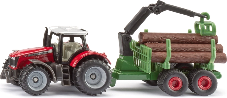 Siku traktor Massey Ferguson s lesným prívesom a kládami