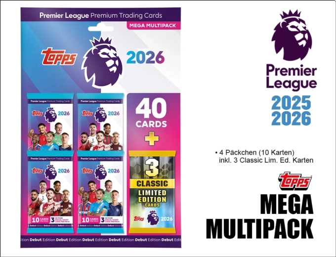 Topps Premier League zberateľské karty 2025/2026 mega multipack