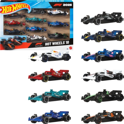 Hot Wheels sada 10 monopostov Formuly 1 2025 v mierke 1:64 – 10 ks