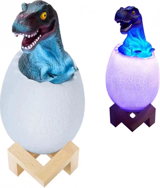 Nočná RGB lampička dinosaurus v vajci s dreveným stojanom