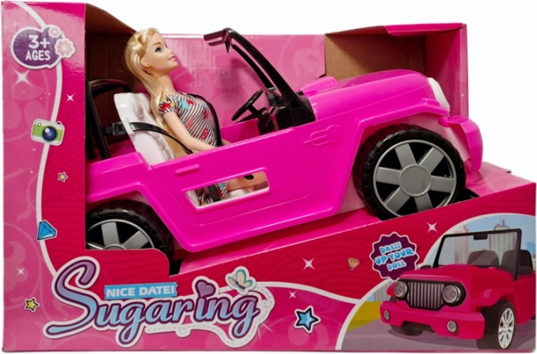 Auto pre bábiku s bábikou – kabriolet v tmavoružovej farbe