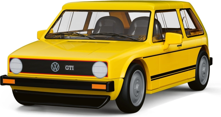 Výrazný žltý GTI s pohyblivými kolesami