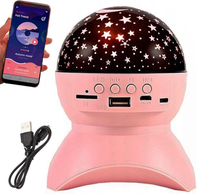 Hviezdny projektor a nočná lampička s Bluetooth reproduktorom, USB a LED – ružová