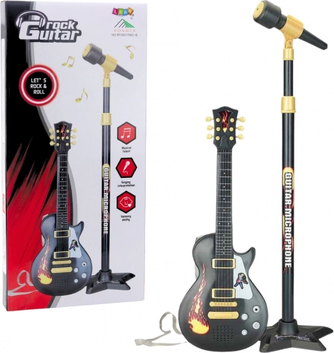 Hudobný set pre deti s gitarou a mikrofónom na statíve – čierny