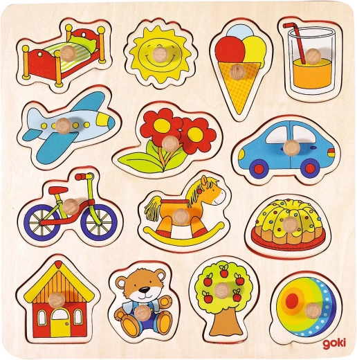 Vkladacie drevené puzzle s úchytmi – hojdací koník, lopta a ďalšie - 1 kus