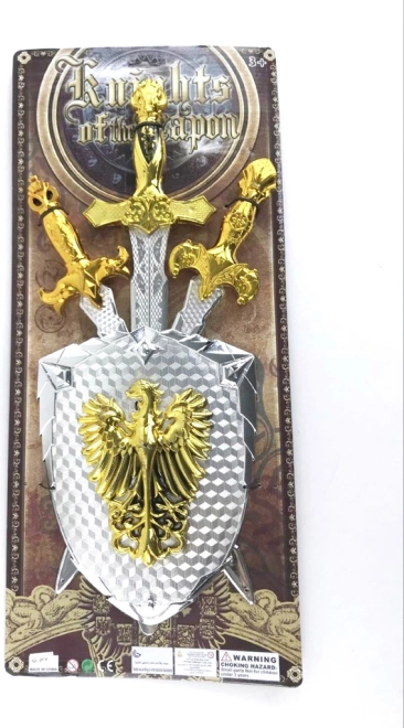 Sada mečov a štítu v lesklom striebornom prevedení