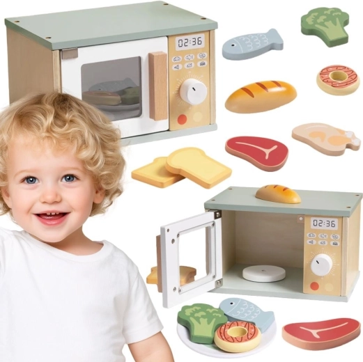 Drevená mikrovlnná rúra Tooky Toy s potravinami
