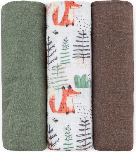 Bambusové mušelínové plienky Petite&Mars Moussy Forest Fox, 3 ks, 68 × 68 cm