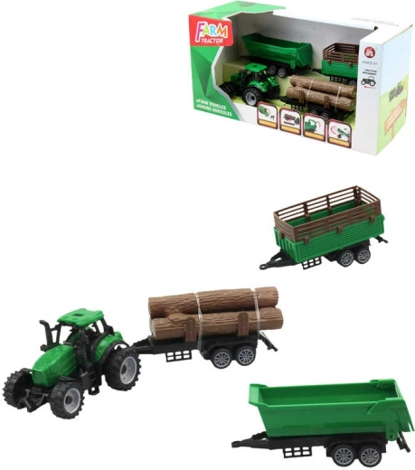 Zelený traktor s 3 prívesmi a klátmi dreva – herná sada