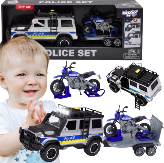 Woopie policajné terénne vozidlo s prívesom a motorkou