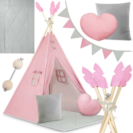 Ružové detské teepee NUKIDO s podložkou a vankúšmi