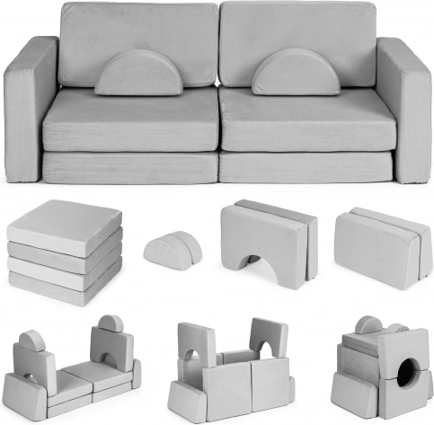 Veľká dvojmiestna modulárna skladacia pohovka pre deti DIY s 10 mäkkými vankúšmi – sivá ECOTOYS