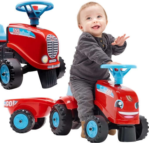 FALK jazdiaci traktor GO s odnímateľným prívesom, červený