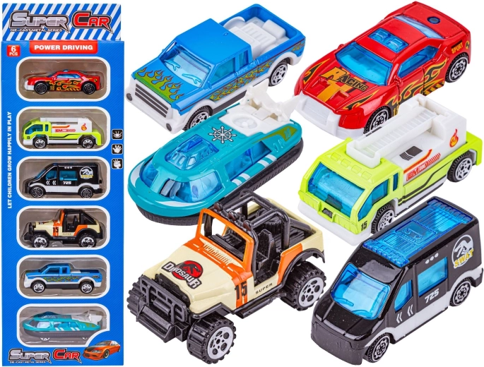 Sada kovových autíčok 1:64 – turistický mix 6 ks (SWAT, vznášadlo, jeep)