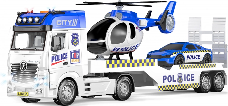 Policajný ťahač s helikoptérou a efektmi 55 cm – set vozidiel