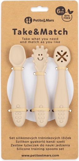 Petite&Mars sada 3 silikónových tréningových lyžičiek Take&Match desert sand 6m+