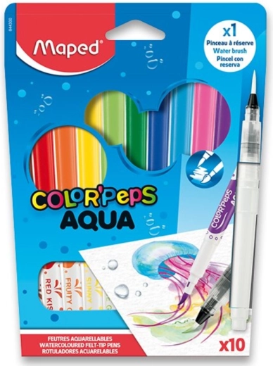 Fixy MAPED Color'Peps Aqua so štetcovým efektom, sada 10 farieb + vodný štetec